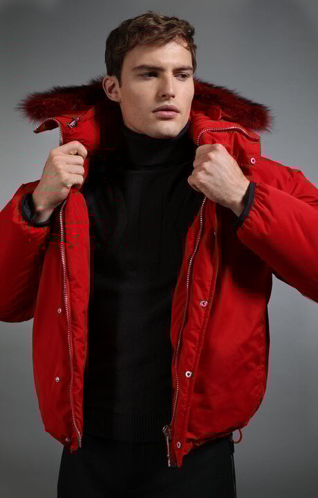 bikkembergs Red Men's red down jacket with fur trim collar