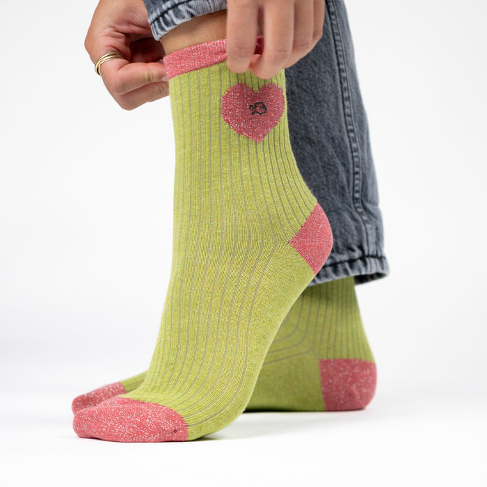Billybelt Chaussettes En Coton Peigné Coeur - Vert Olive Et Rose - BILLYBELT