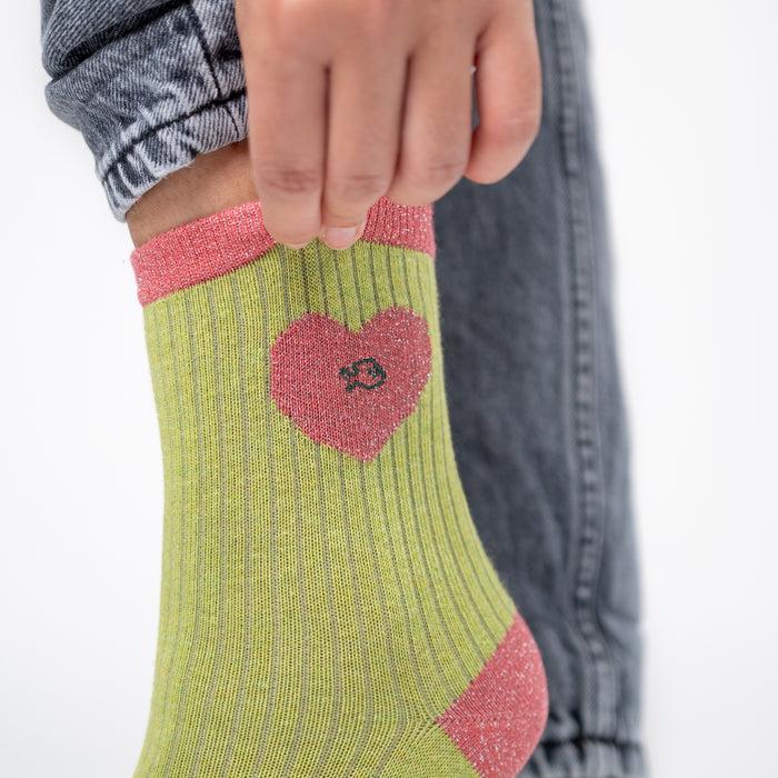 Billybelt Chaussettes En Coton Peigné Coeur - Vert Olive Et Rose - BILLYBELT