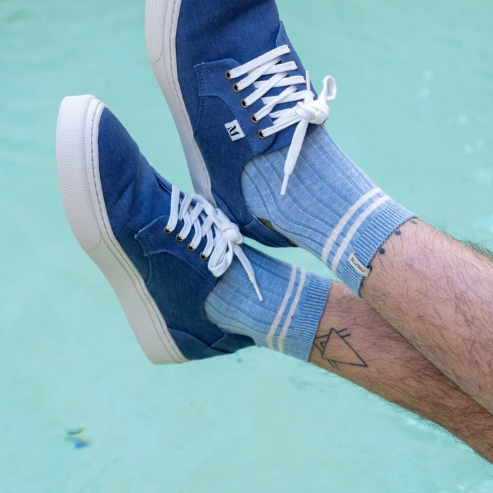 Billybelt Chaussettes En Coton Peigné Mi-hautes - Bleu Clair Rayé Beige