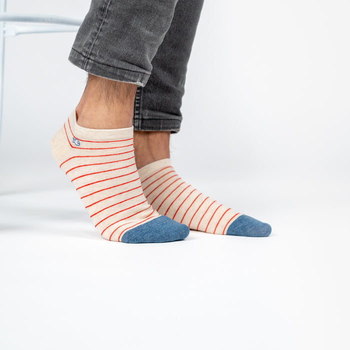 Billybelt Socquettes En Coton Peigné A Rayures Fines - Beige Rayé Rouge