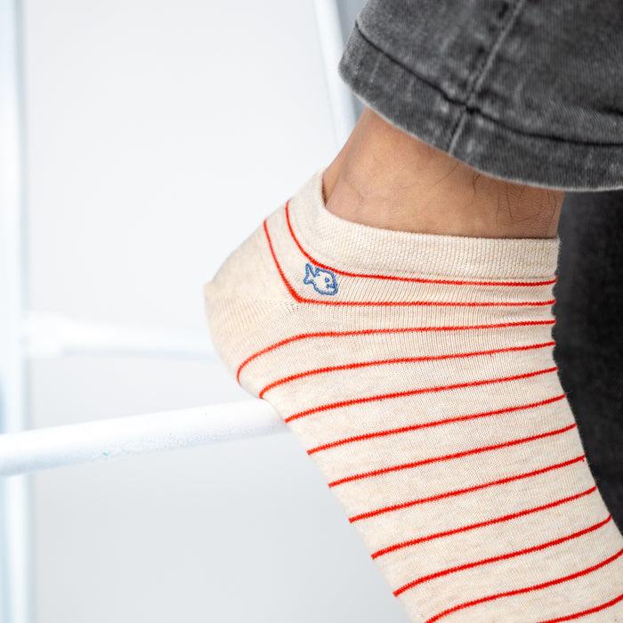 Billybelt Socquettes En Coton Peigné A Rayures Fines - Beige Rayé Rouge