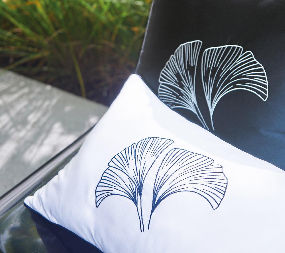 Blanc Des Vosges ENSEMBLE ENVELOPPE COUSSIN GINGKO BLEU CORINTHE