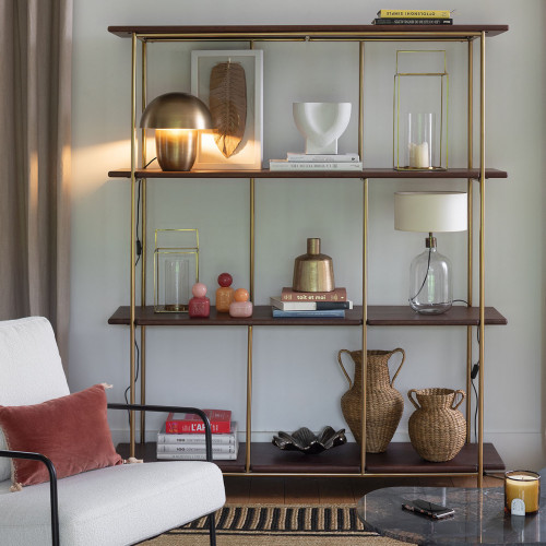 Blanc D'ivoire Bibliothèque VICTOR En Manguier Ciré Finition Noyer