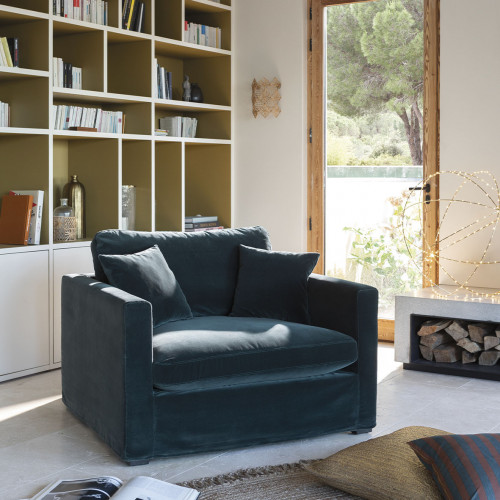 Blanc D'ivoire Fauteuil ANGIE En Velours - Bleu Paon