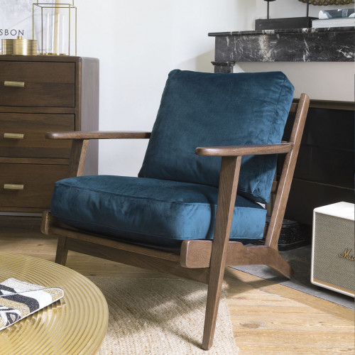 Blanc D'ivoire Fauteuil JULES En Velours - Bleu Nuit