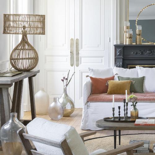 Blanc D'ivoire Pied De Lampe ROMANE En Rotin