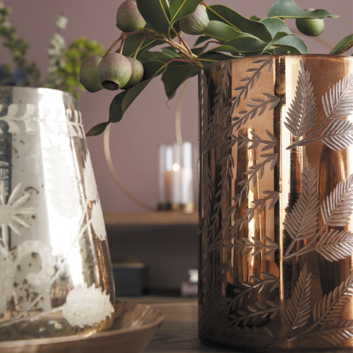 Blanc D'ivoire Vase Feuillage Doré Cuivré Brillant