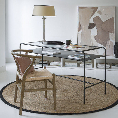 Blanc D'ivoire Bureau ERNEST En Métal Noir Et Plateau En Verre