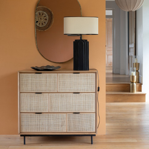 Blanc D'ivoire Commode AUGUSTIN En Chêne Clair Et Cannage