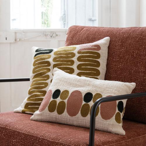 Blanc D'ivoire Housse De Coussin GALETS En Polycoton Brodé - Rose Et Curry - 60 X 40 Cm