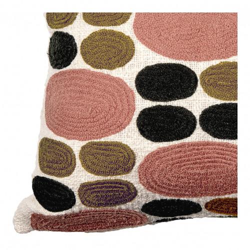 Blanc D'ivoire Housse De Coussin GALETS En Polycoton Brodé - Rose Et Curry - 60 X 40 Cm