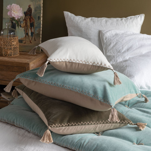 Blanc D'ivoire Housse De Coussin MATTÉO En Velours De Coton - Bleu Aqua - 60 X 40 Cm