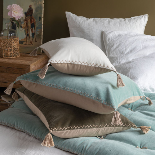 Blanc D'ivoire Housse De Coussin MATTÉO En Velours De Coton - Bleu Aqua - 30 X 40 Cm