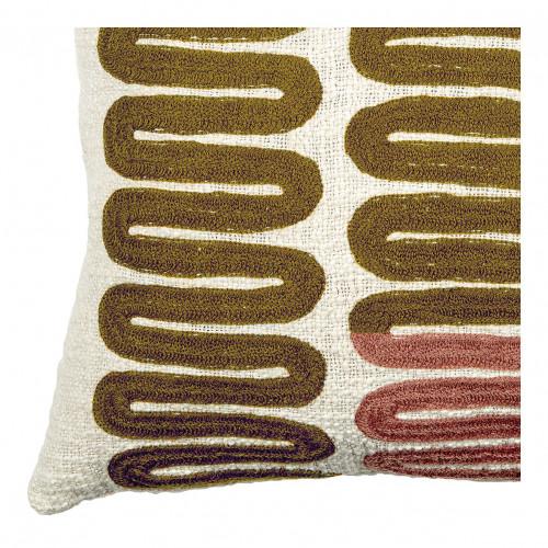 Blanc D'ivoire Housse De Coussin ONDES En Polycoton Brodé - Rose Et Curry - 50 X 50 Cm