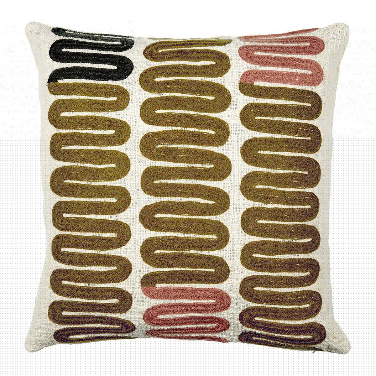 blanc d'ivoire Housse de coussin ONDES en polycoton brodé - Rose et curry - 50 x 50 cm