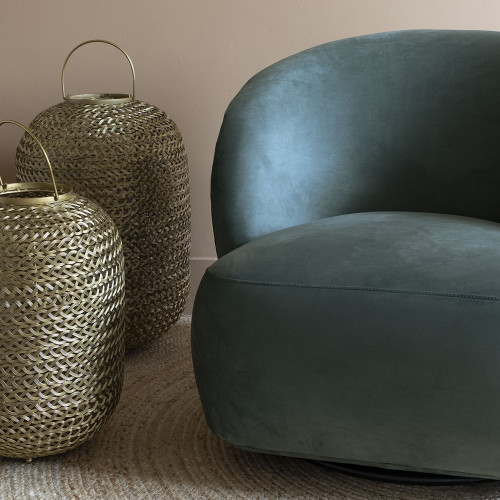 Blanc D'ivoire Lanterne APOLLO En Métal Tissé Doré - Petit Modèle - ø 32 X 47 Cm