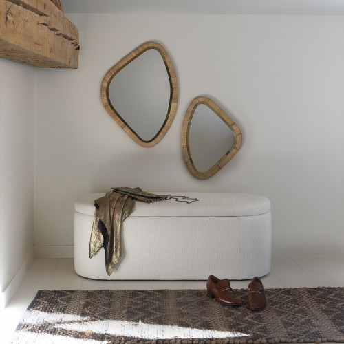 Blanc D'ivoire Miroir COSMO En Rotin Et Métal Doré Finition Laiton - Petit Modèle - H. 45 Cm