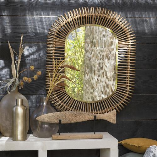 Blanc D'ivoire Miroir SALOMÉ Ovale En Rotin Et Métal - Grand Modèle - H. 105 Cm