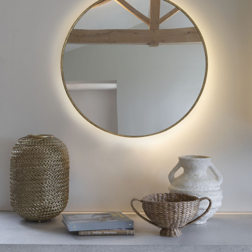 Blanc D'ivoire Miroir VICTORIA Rond Lumineux En Métal Finition Laiton - ø 90 Cm
