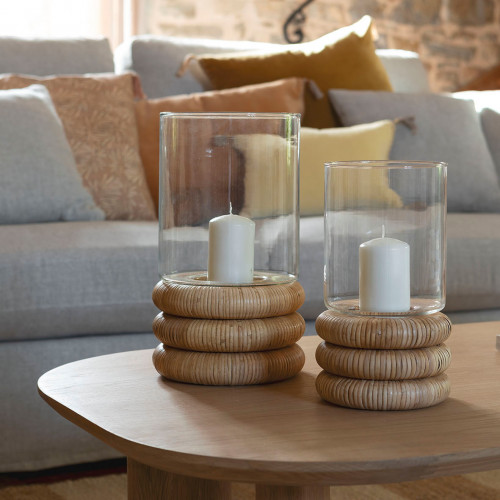 Blanc D'ivoire Photophore BOLINE En Verre Et Rotin - Grand Modèle - ø 20 X 33 Cm