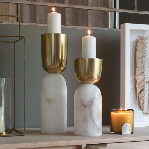 Blanc D'ivoire Photophore NOVA En Marbre Et Métal Doré - Petit Modèle - H. 31 Cm