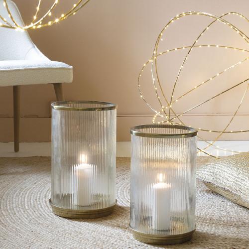 Blanc D'ivoire Photophore OSCAR En Verre Strié Et Métal Doré - Grand Modèle - ø 24 5 X 38 5 Cm