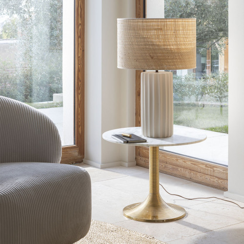 Blanc D'ivoire Pied De Lampe ATHÉNA En Céramique Blanche - ø 17 X 50 Cm