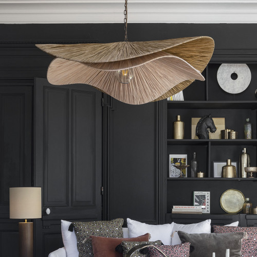 Blanc D'ivoire Suspension ADITA En Raphia - Doré Et Naturel - ø 90 X 25 Cm