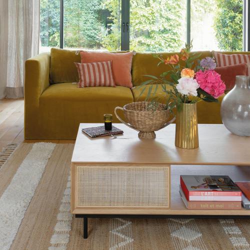 Blanc D'ivoire Table Basse AUGUSTIN En Chêne Clair Et Cannage