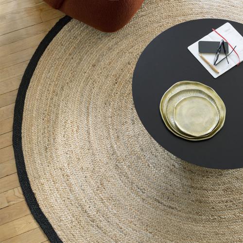 Blanc D'ivoire Tapis CERCLE Rond En Jute Ourlé Noir - ⌀ 200 Cm