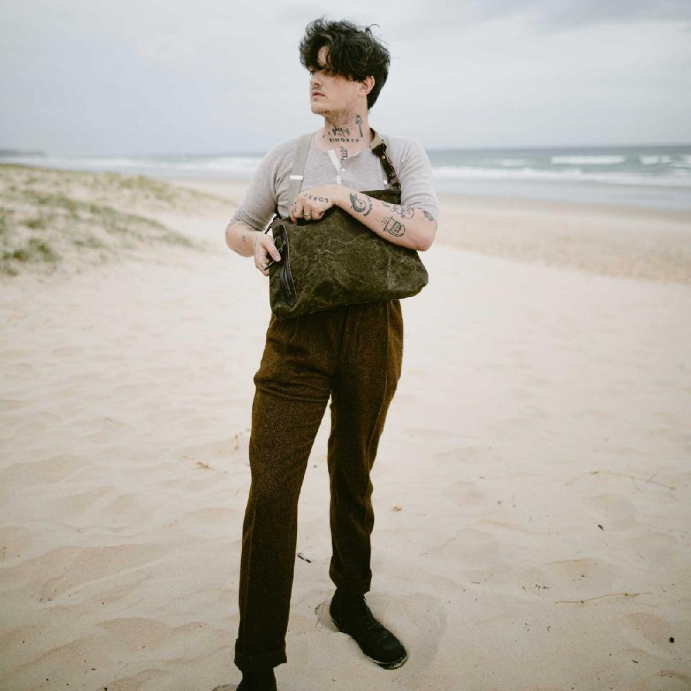 Bleu De Chauffe Besace Baskia - Kaki Foncé Stonewashed - Sac Toile Et Cuir Homme