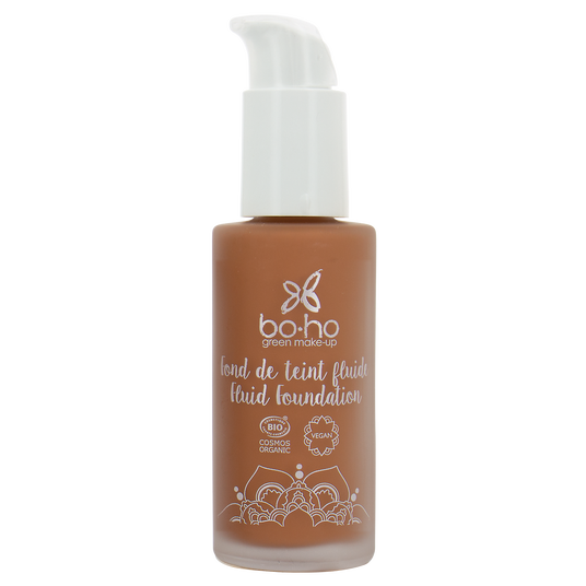 boho cosmetics Fond de teint fluide bio Caramel brun carnations mates à foncées