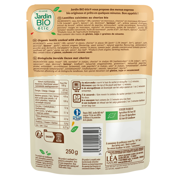 Boho Cosmetics Lentilles Cuisinées Au Chorizo Bio - Jardin BiO étic