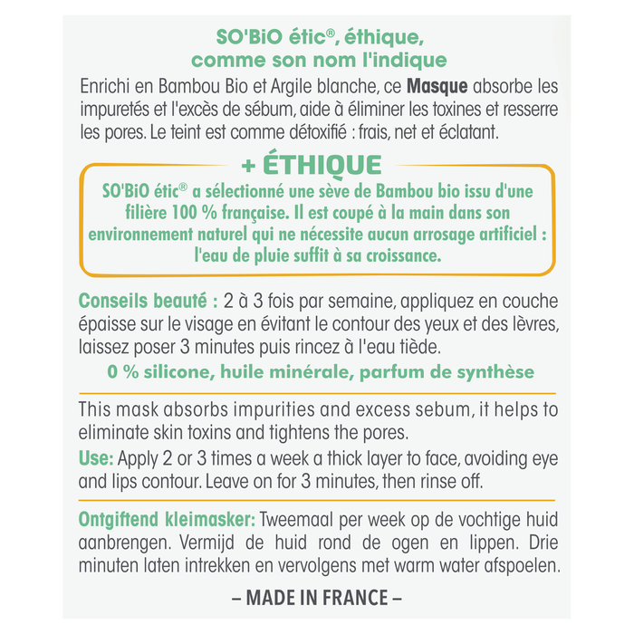 Boho Cosmetics Masque Argile Détoxifiant - Pur Bamboo - SO'BiO étic