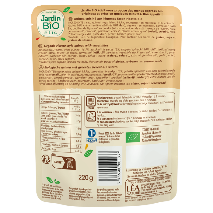 Boho Cosmetics Quinotto Légumes Verts Parmesan Bio - Jardin Bio Étic