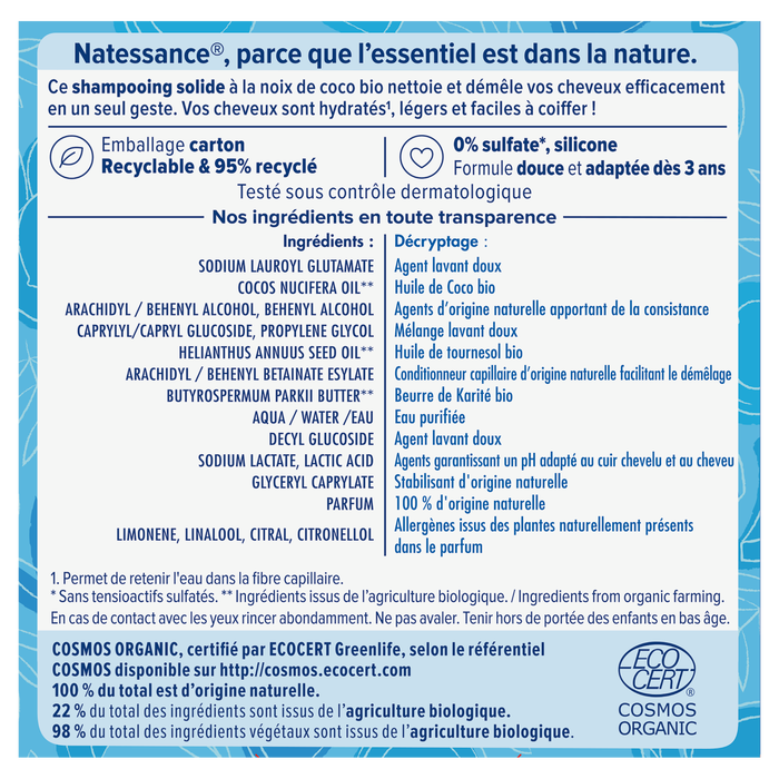 Boho Cosmetics Shampooing Solide 2 En 1 Coco - Natessance Bio