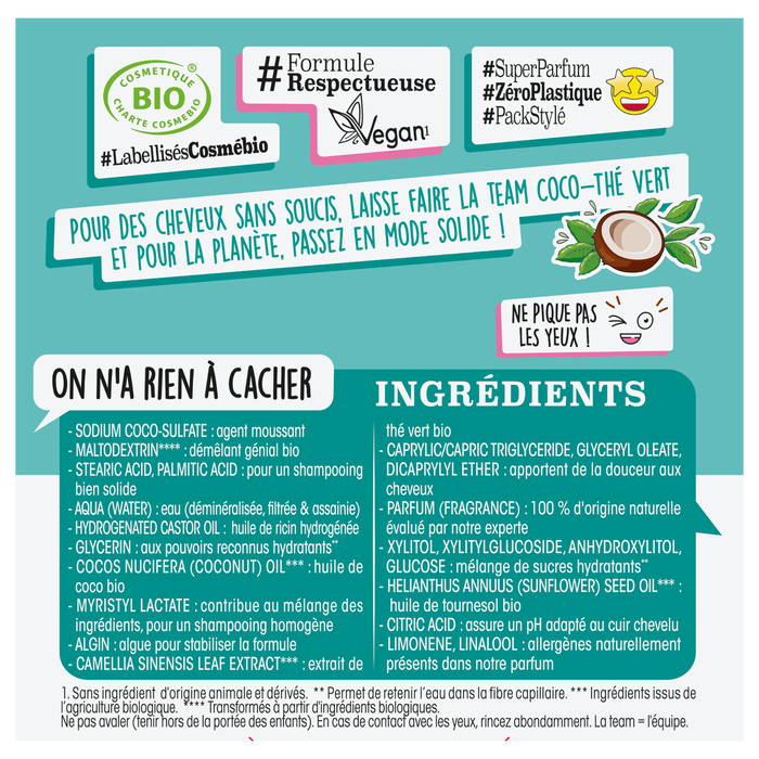 Boho Cosmetics Shampooing Solide Pour Tous Les Cheveux à L'huile De Coco & Thé Vert 65g - I Love Bio