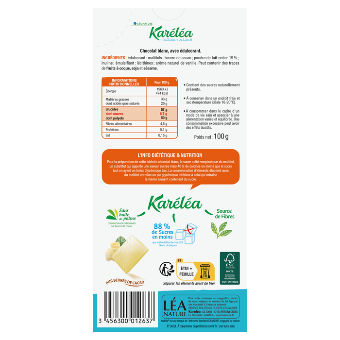 Boho Cosmetics Tablette De Chocolat Blanc Sans Sucres Ajoutés - Karéléa