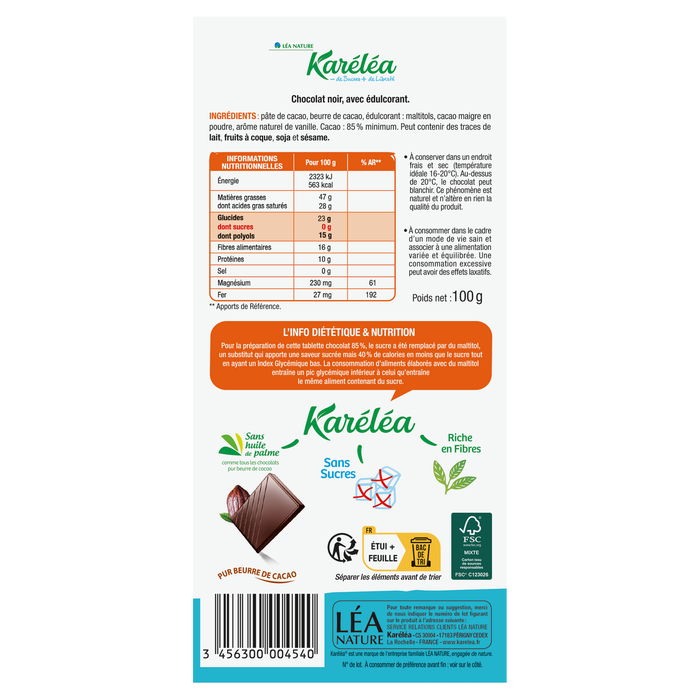 Boho Cosmetics Tablette De Chocolat Noir 85% Cacao Sans Sucres - Karelea