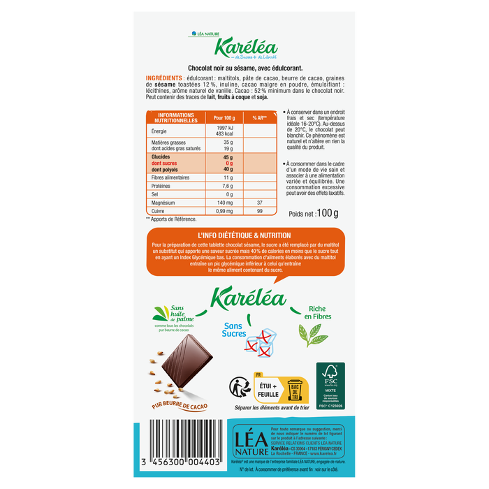 Boho Cosmetics Tablette De Chocolat Noir Sésame Sans Sucres - Karéléa