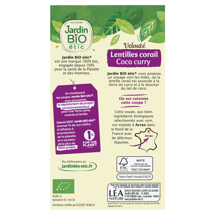 Boho Cosmetics Velouté De Légumes Lentilles Corail Lait De Coco Et Curry Bio - Jardin BiO étic