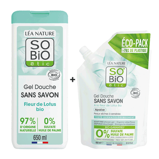 boho cosmetics Vente Duo Flacon et Ecopack douche sans savon Fleur de Lotus - Douches