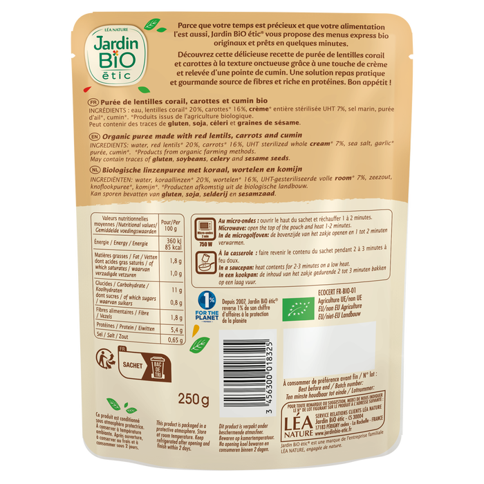 Boho Cosmetics Vente Purée Gourmande Lentilles Corail Carotte - Plats Cuisinés Et Sachets Express