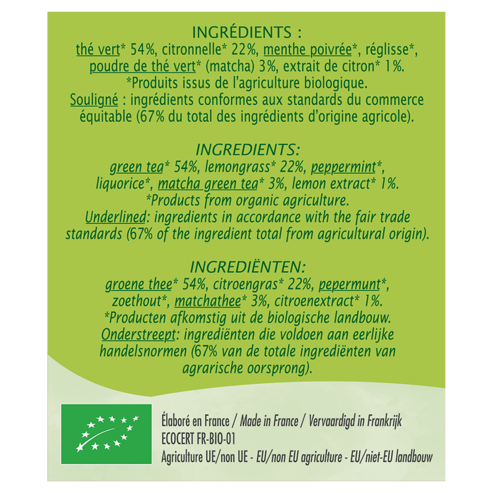 Boho Cosmetics Vente Thé Vert Equitable Matcha Citron - Bio - Thés