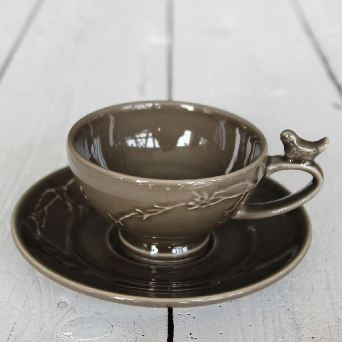 Bruno Evrard Tasse à Café En Faïence Taupe 20cl - Tasse Avec Oiseau