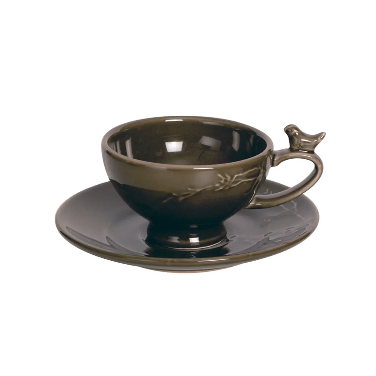 bruno evrard Tasse à café en faïence taupe 20cl - Tasse avec oiseau