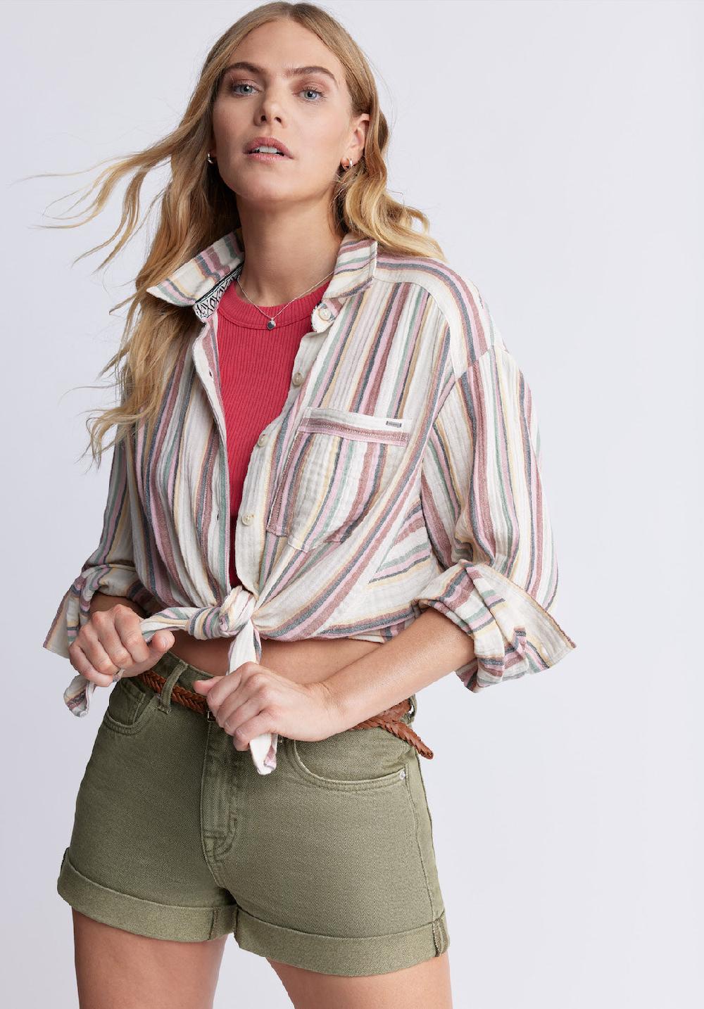 Buffalo David Bitton Aija Women’s Long Sleeve Striped Blouse In Beige & Pink