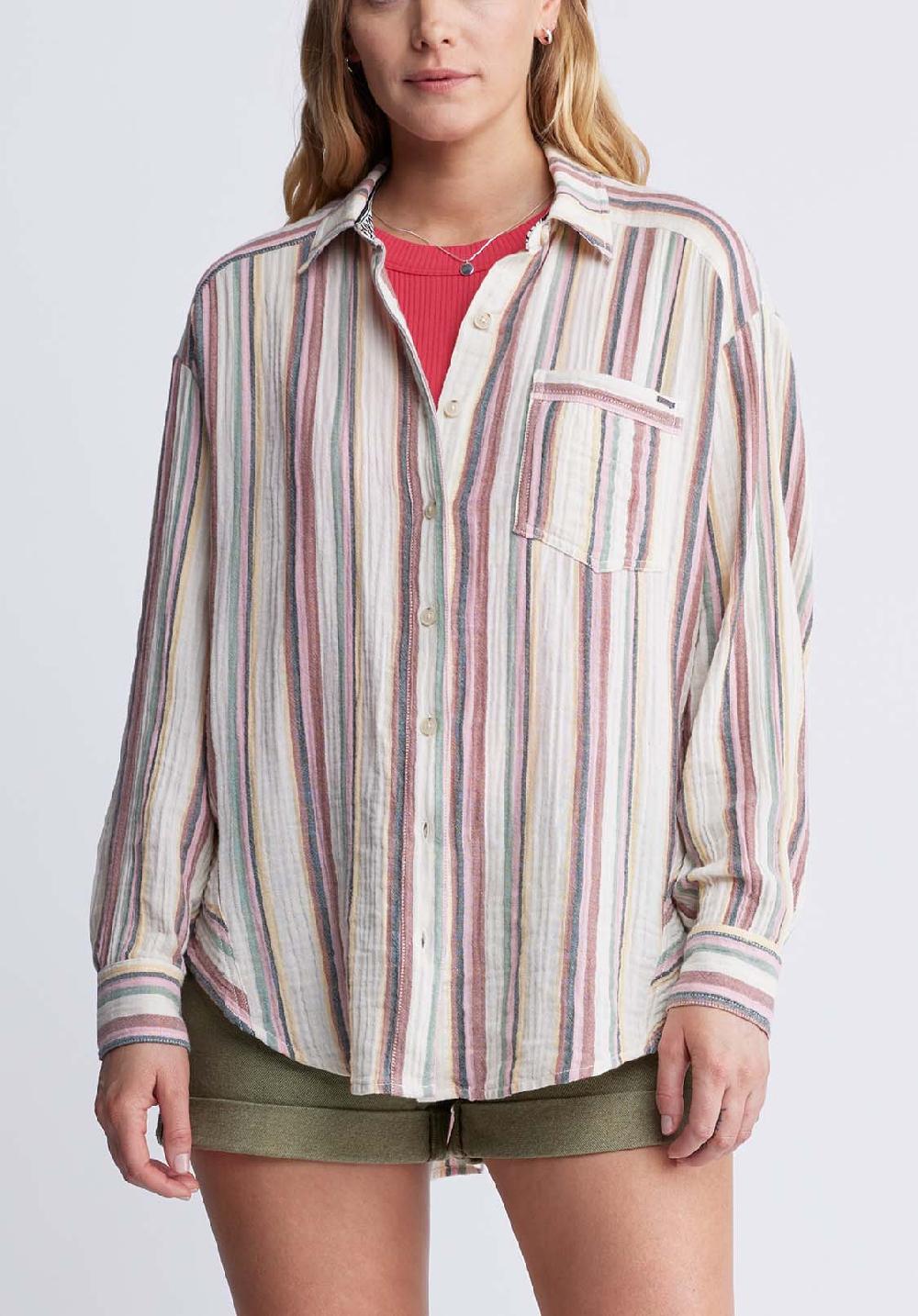 buffalo david bitton Aija Women’s Long Sleeve Striped Blouse in Beige & Pink