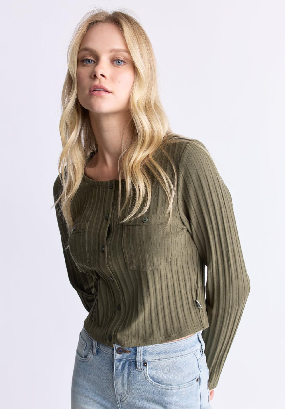 Buffalo David Bitton Albertina Women's Ribbed Long-Sleeve Button-Up Top Olive Green